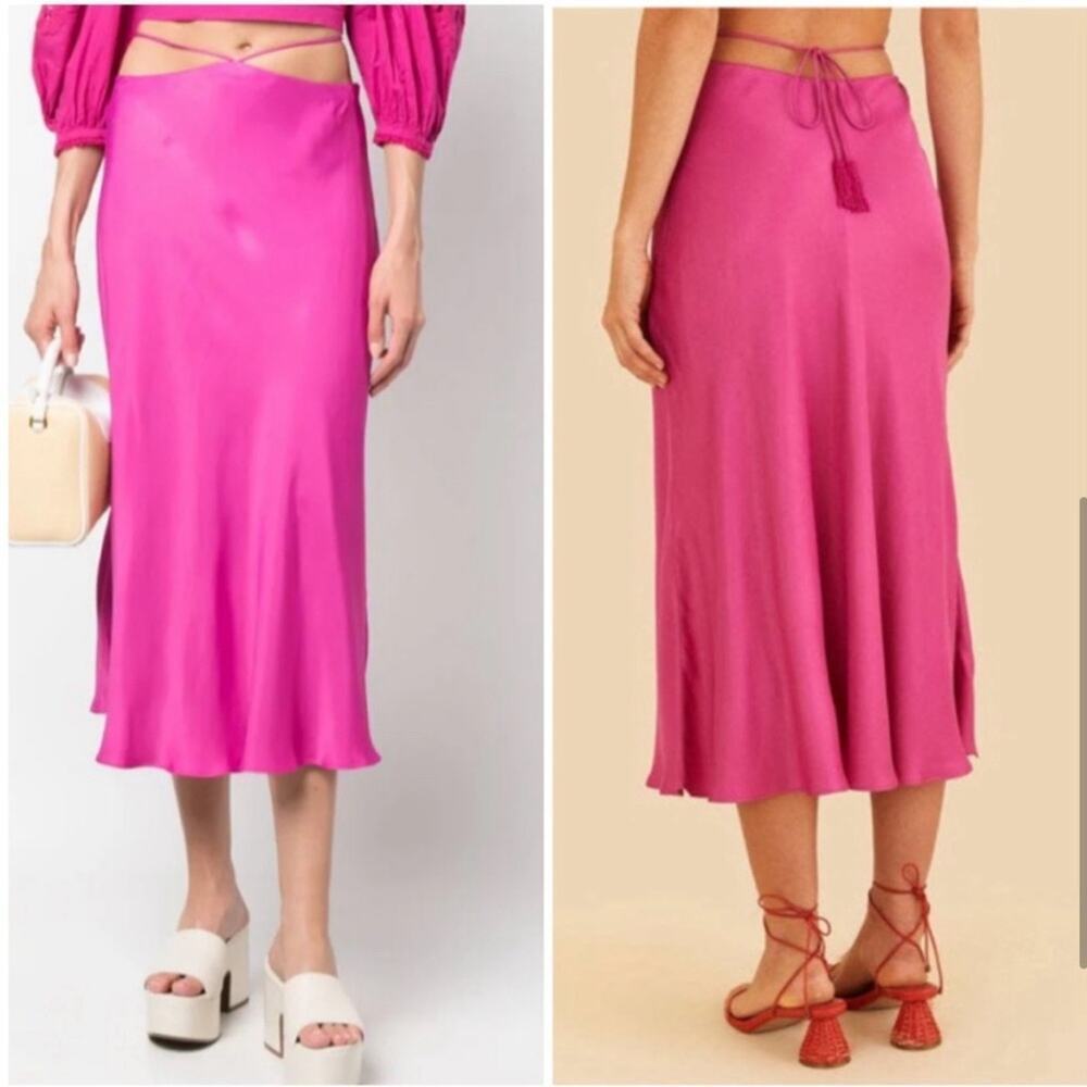 FARM Rio Fuschia satin Midi length 
strap-detail satin-finish midi skirt - Picture 2 of 14